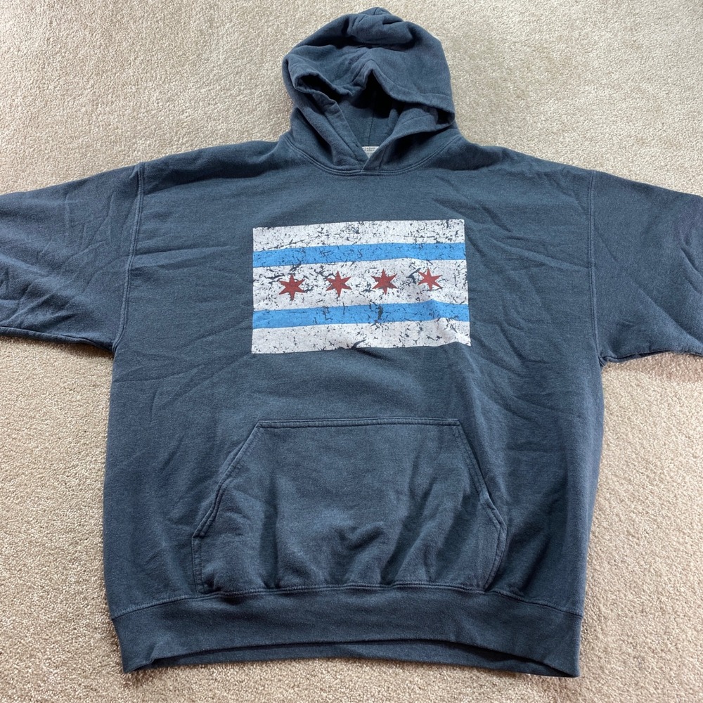 Gildan Chicago Flag Hoodie‎ Mens XL Gray Distressed Graphic Print Sweatshirt - Picture 8 of 13
